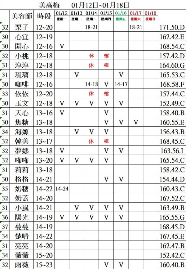 【沁香閣舒壓館】最新班表
