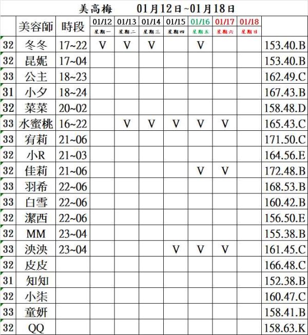 【沁香閣舒壓館】最新班表 班表 2