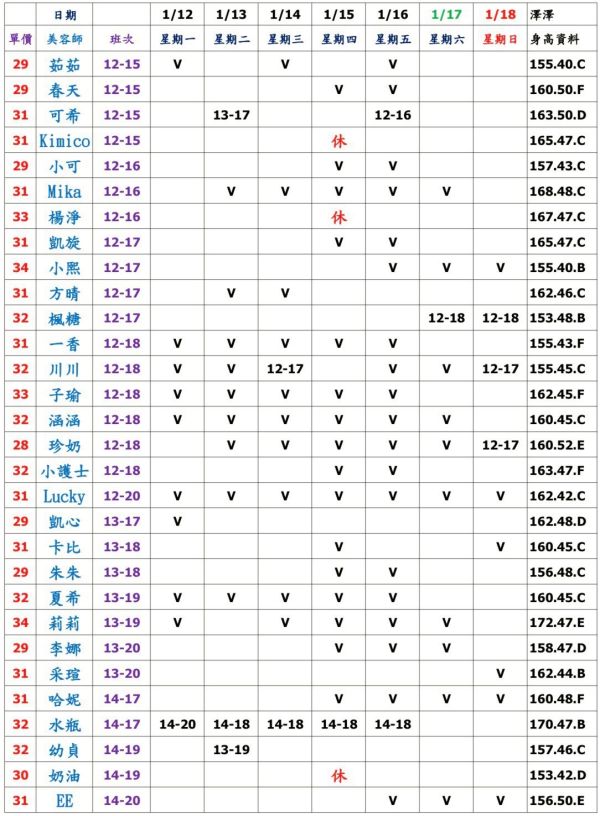 【大都會舒壓館】最新班表