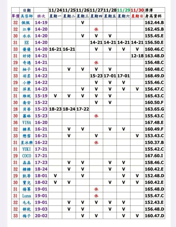 【大都會舒壓館】最新班表 班表 2
