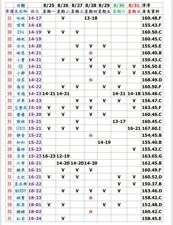 【大都會舒壓館】最新班表 班表 2
