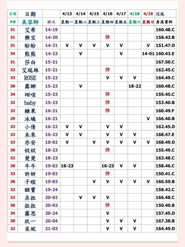 【大都會舒壓館】最新班表 班表 2
