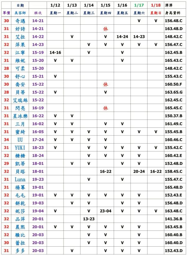 【大都會舒壓館】最新班表 班表 2