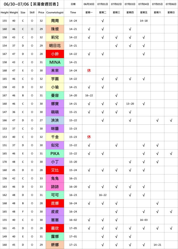 【奇蹟放鬆舒壓會館】最新班表