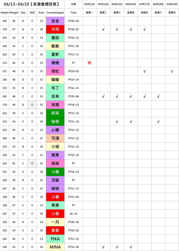 【奇蹟放鬆舒壓會館】最新班表 班表 5