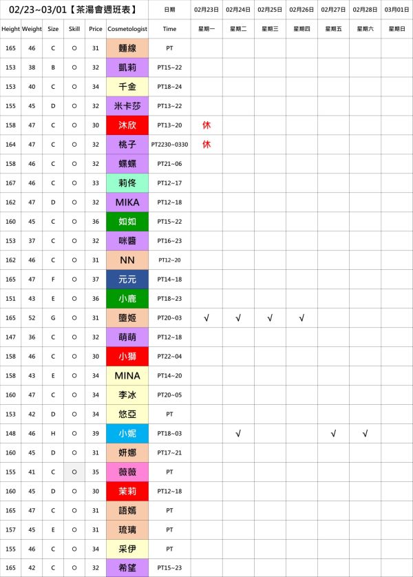 【奇蹟放鬆舒壓會館】最新班表 班表 5