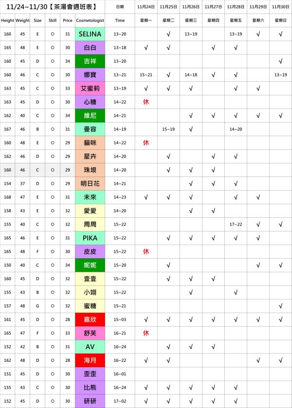 【奇蹟放鬆舒壓會館】最新班表 班表 2