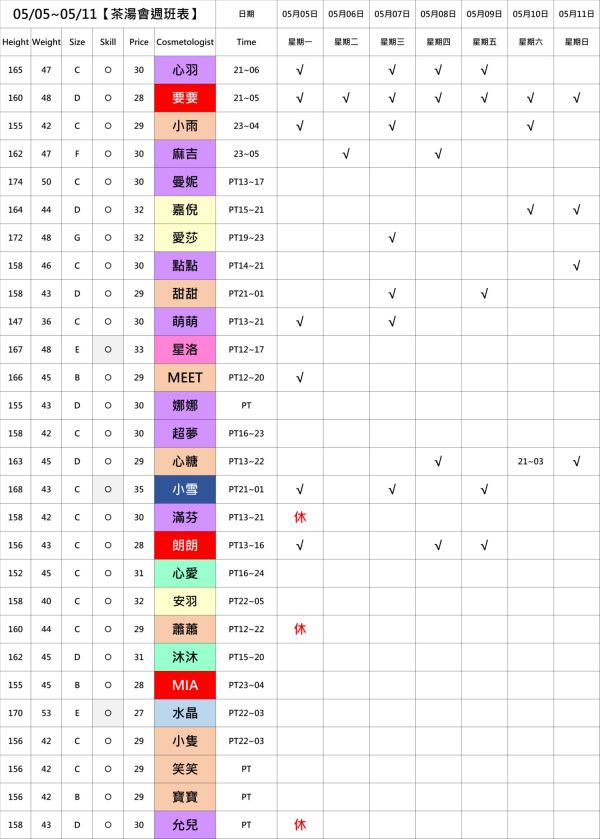 【奇蹟放鬆舒壓會館】最新班表