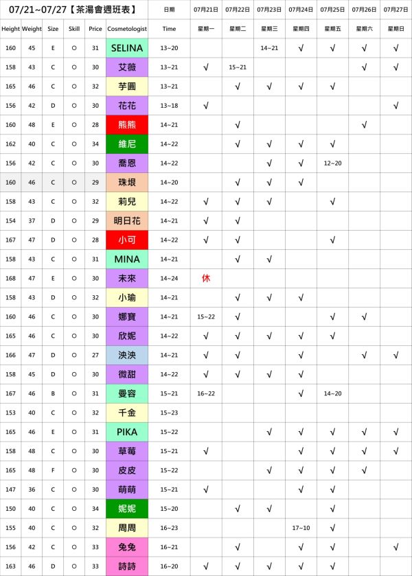 【奇蹟放鬆舒壓會館】最新班表 班表 2