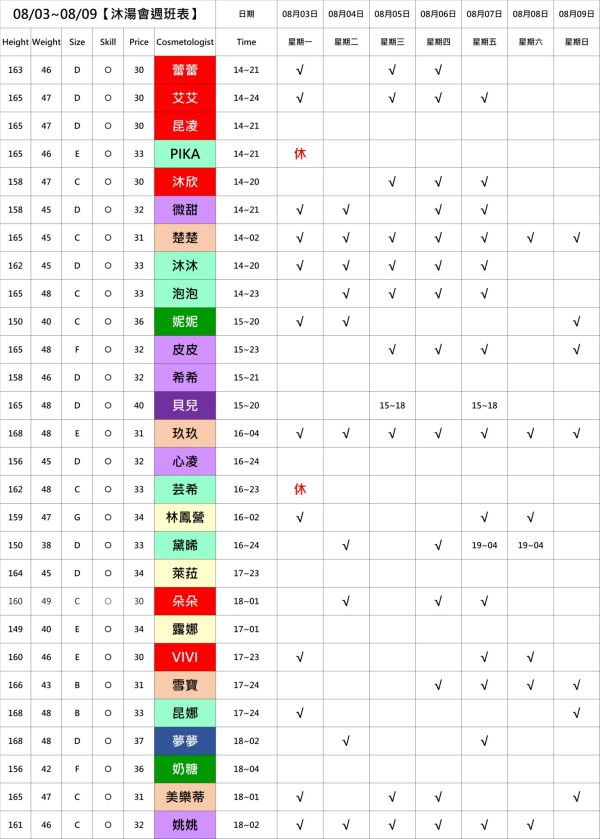 【奇蹟放鬆舒壓會館】最新班表