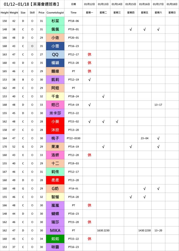 【奇蹟放鬆舒壓會館】最新班表 班表 5