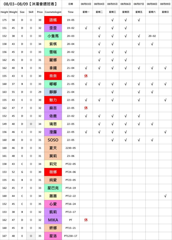 【奇蹟放鬆舒壓會館】最新班表