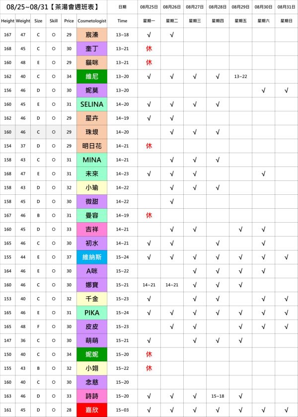 【奇蹟放鬆舒壓會館】最新班表 班表 2