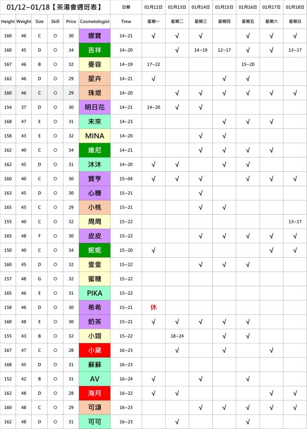 【奇蹟放鬆舒壓會館】最新班表 班表 2