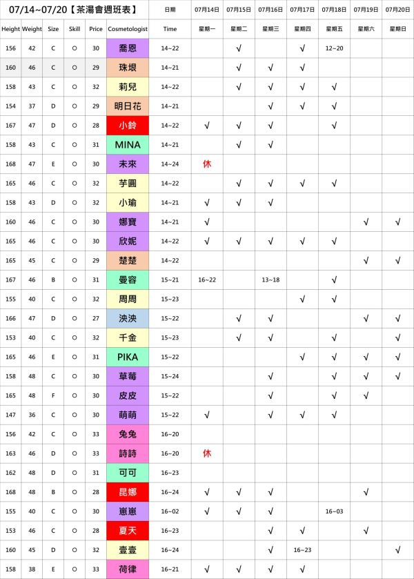 【奇蹟放鬆舒壓會館】最新班表 班表 2