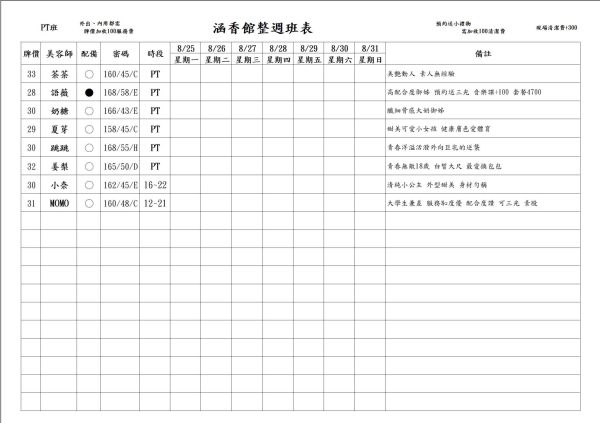 【含香館】最新班表 班表 8