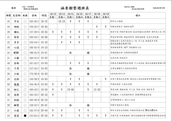 【含香館】最新班表 班表 4