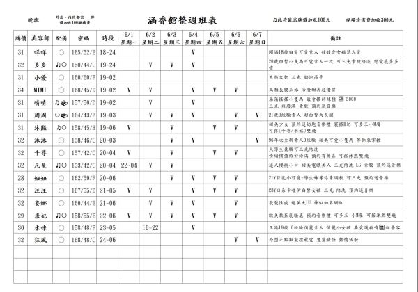 【含香館】最新班表 班表 4