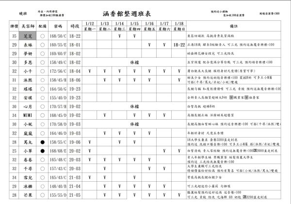 【含香館】最新班表 班表 4