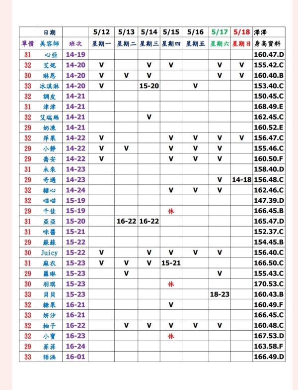【大都會舒壓館1】最新班表