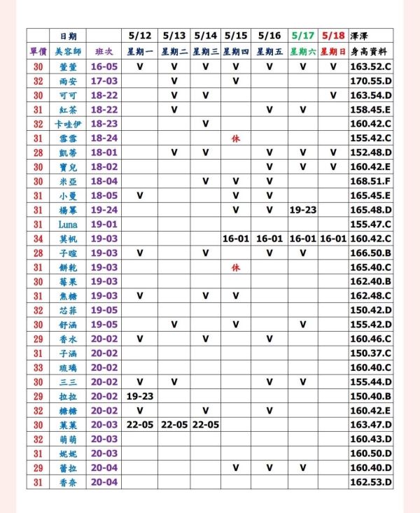 【大都會舒壓館1】最新班表