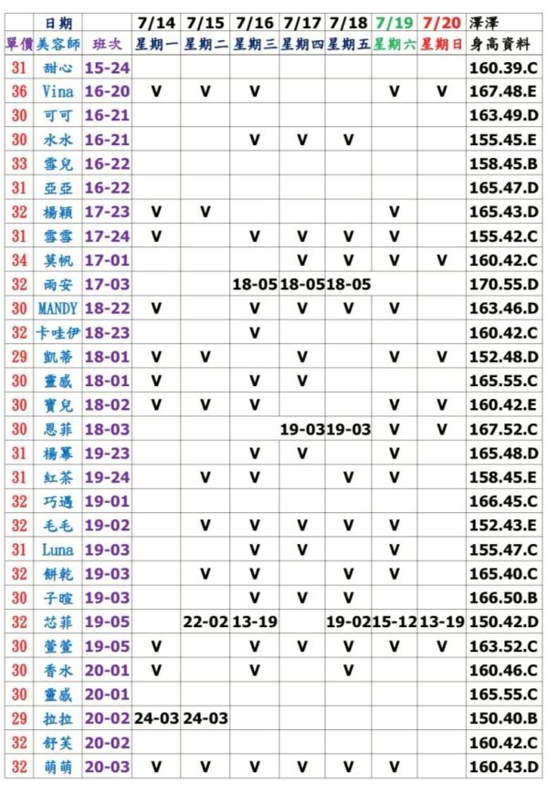 【大都會舒壓館1】最新班表 班表 2