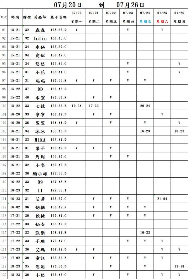 【長春舒壓館】最新班表