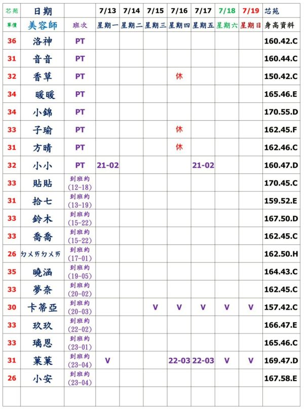 【芯苑館】最新班表