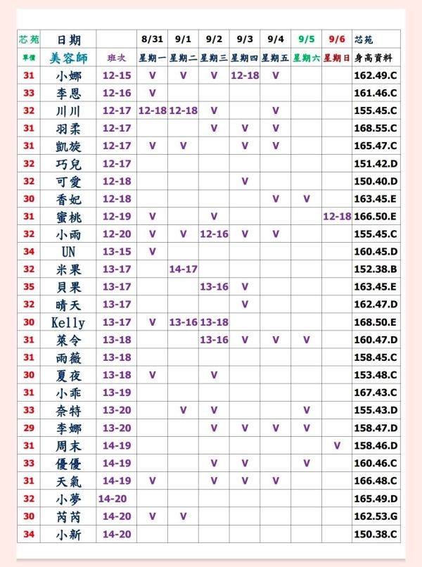 【芯苑館】最新班表