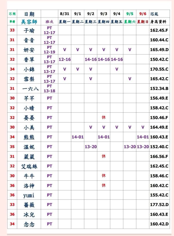 【芯苑館】最新班表