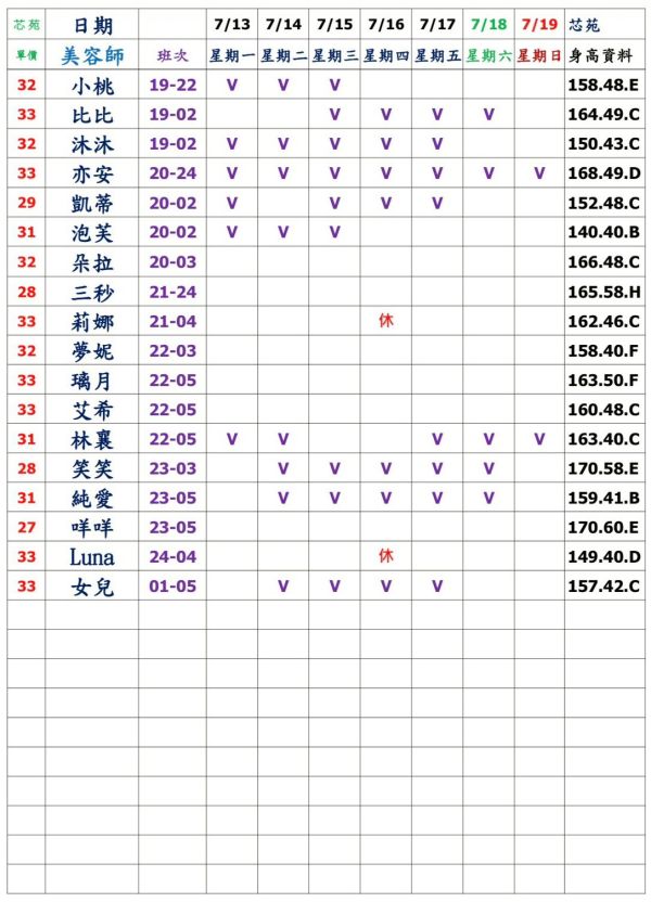 【芯苑館】最新班表