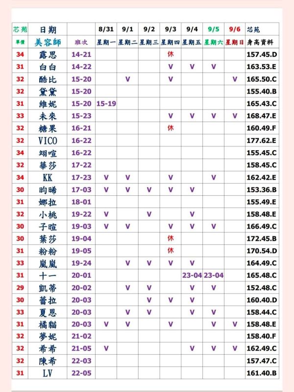 【芯苑館】最新班表