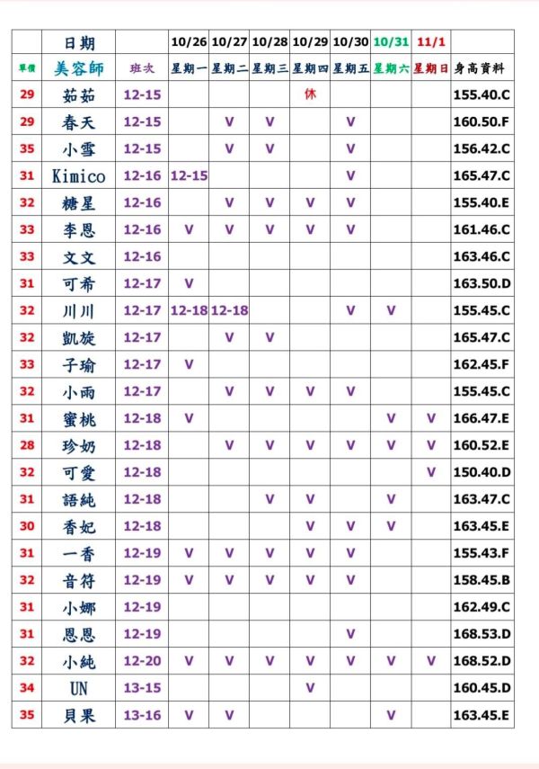 【芯苑館】最新班表