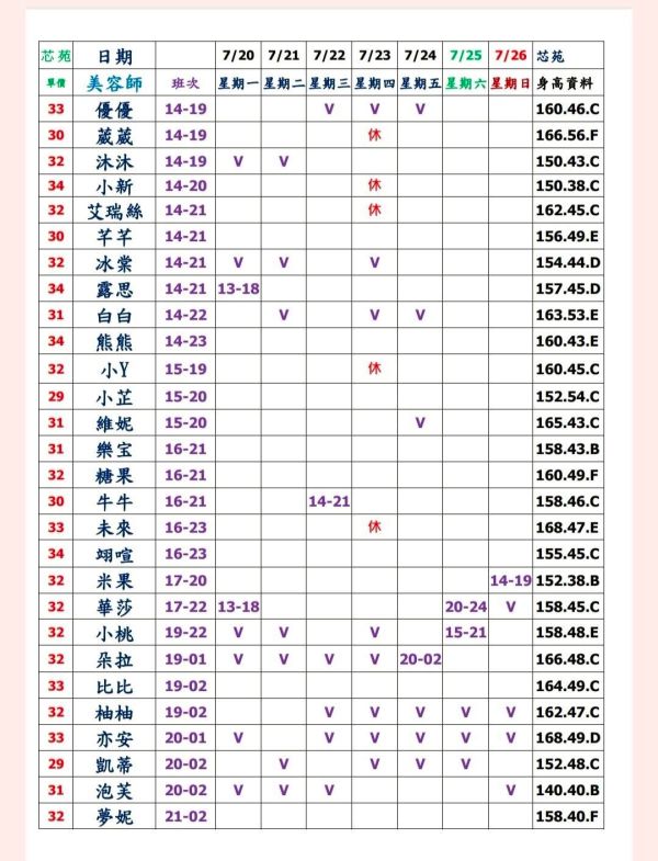 【芯苑館】最新班表