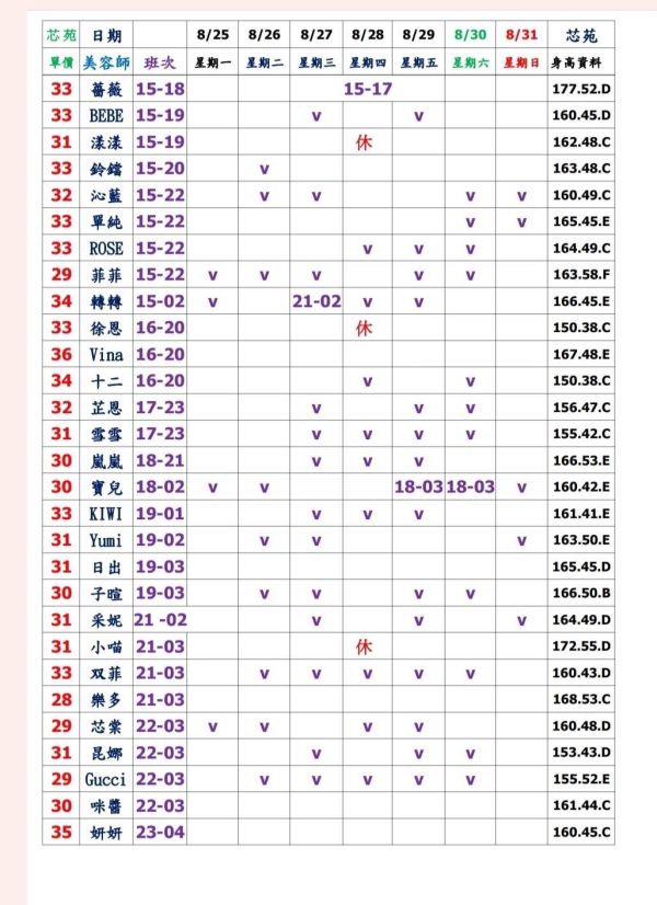 【芯苑館】最新班表 班表 2